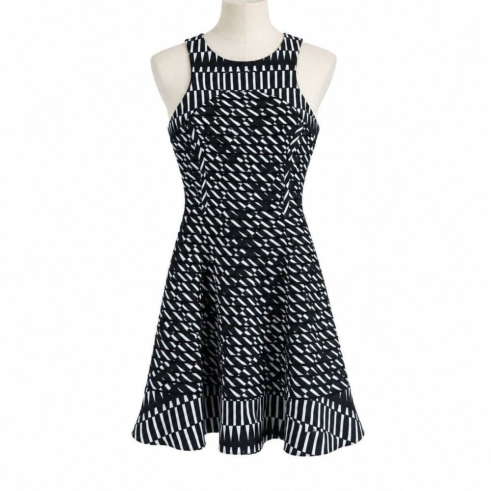 Parker Women’s XS Black White Silk Geometric Sleeveless Fit Flare Dress